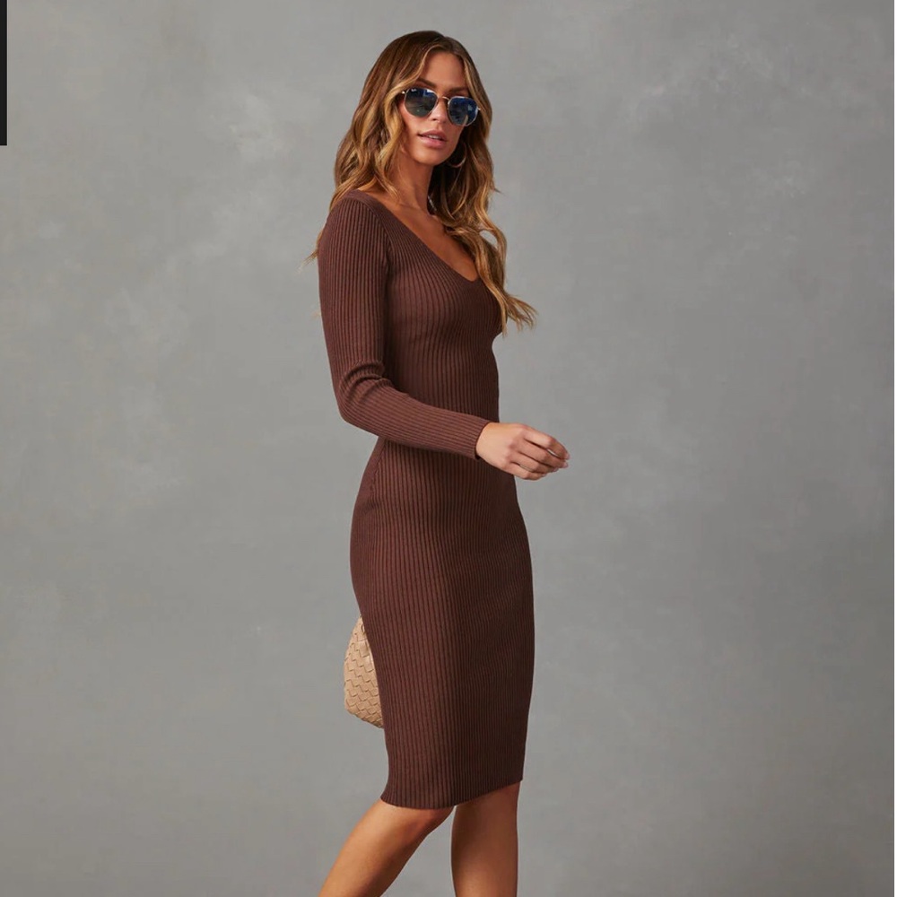Brown Ribbed Midi Sweater Dress - Size M